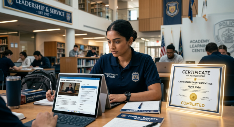 Estudante focado em curso online de Gestão em Segurança Pública e Privada do Instituto Óliver, com laptop e certificado, simbolizando a preparação para concursos policiais.