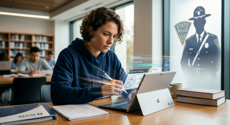 Estudante focado em curso sequencial de Gestão em Segurança do Instituto Óliver para concursos policiais estaduais e GMs.