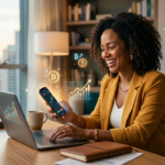 Mulher sorridente e confiante trabalhando em smartphone, simbolizando sucesso financeiro e independência digital com o Método Mulher Milionária.