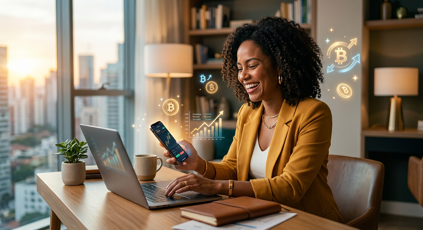 Mulher sorridente e confiante trabalhando em smartphone, simbolizando sucesso financeiro e independência digital com o Método Mulher Milionária.