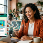 Empreendedor sorrindo olhando o smartphone com posts prontos de redes sociais no WhatsApp, simbolizando a facilidade e automação do ZapPost.