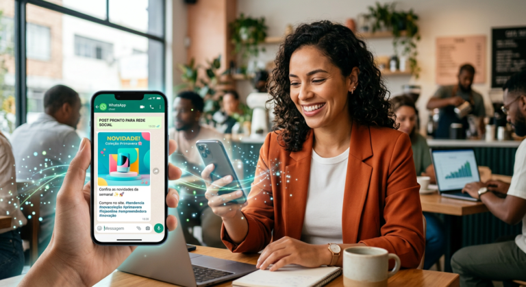 Empreendedor sorrindo olhando o smartphone com posts prontos de redes sociais no WhatsApp, simbolizando a facilidade e automação do ZapPost.