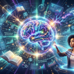 Ilustração conceitual de um cérebro com fluxos de informação 360 graus, simbolizando técnicas avançadas de memória e leitura rápida.