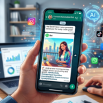 Smartphone com WhatsApp exibindo posts diários para redes sociais, simbolizando criação de conteúdo por IA.