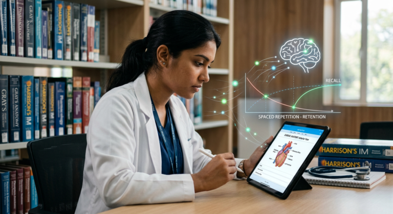 Estudante de medicina focado utilizando a plataforma Medcards Combo Elite em um tablet, exibindo flashcards interativos e visuais de repetição espaçada para memorização eficiente do conteúdo médico.