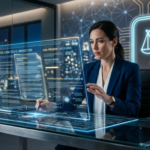 Advogado interagindo com interface holográfica de Inteligência Artificial para análise e elaboração de documentos jurídicos, simbolizando a modernização da prática do Direito.