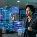 Advogado utilizando inteligência artificial em uma interface futurista para análise jurídica e automação de tarefas.