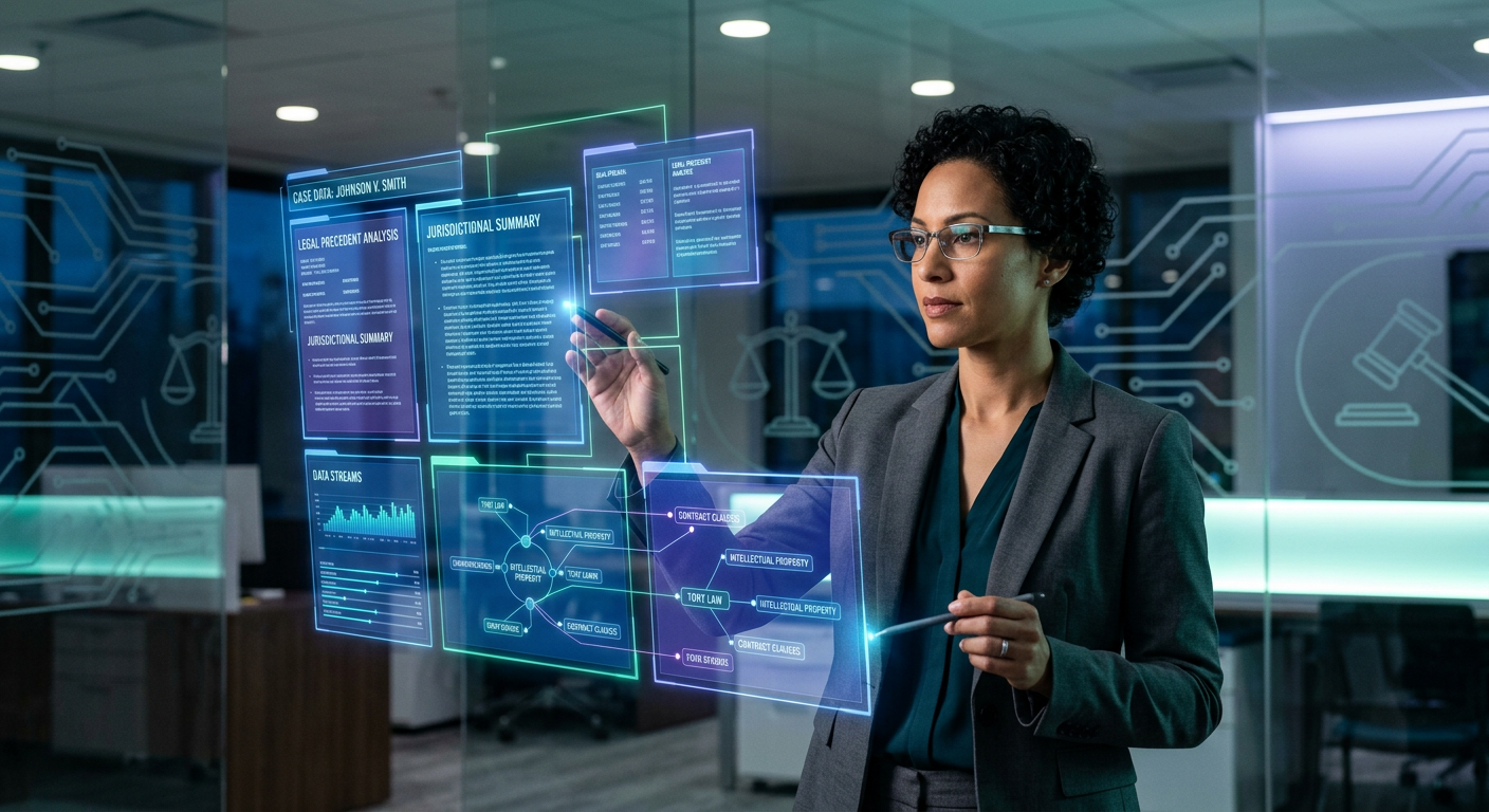Advogado utilizando inteligência artificial em uma interface futurista para análise jurídica e automação de tarefas.