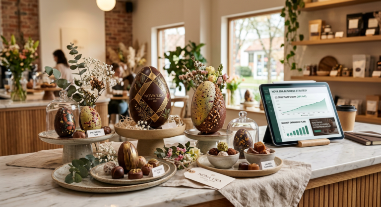 Mesa elegante com ovos de Páscoa gourmet e doces, com um tablet exibindo gráficos de lucro ao fundo, simbolizando o curso 'A Nova Era da Páscoa 2026' para confeiteiras.