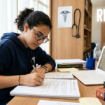 Estudante concentrada escrevendo redação para vestibular de medicina, com anotações e projeção de nota 900+ no ENEM.