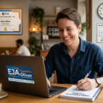 Adulto sorridente estudando online no laptop para o EJA Supletivo Óliver, com diploma e logo visíveis, simbolizando a conquista rápida do ensino fundamental ou médio e o acesso a concursos.