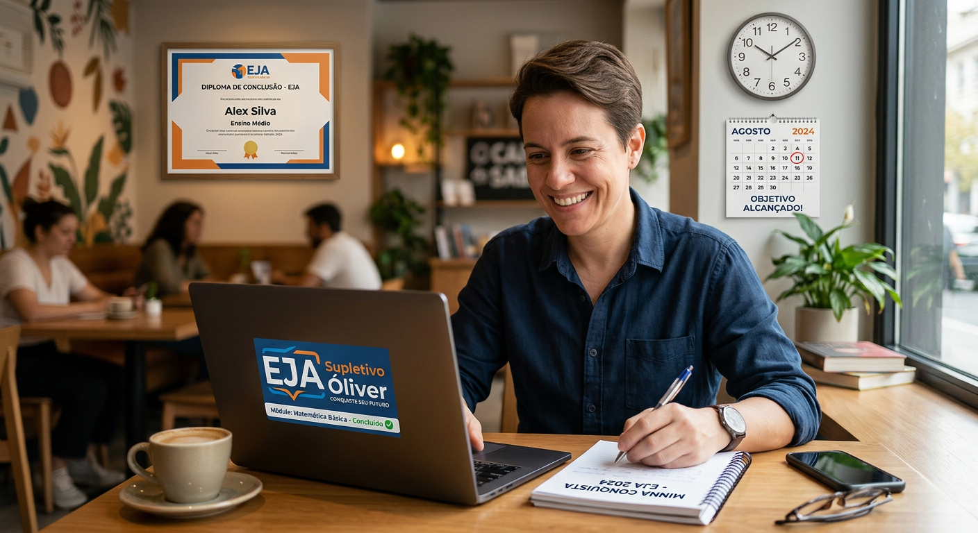 Adulto sorridente estudando online no laptop para o EJA Supletivo Óliver, com diploma e logo visíveis, simbolizando a conquista rápida do ensino fundamental ou médio e o acesso a concursos.