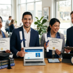 Adultos diversos celebrando com diplomas, usando laptops, simbolizando o sucesso do EJA Supletivo Óliver online para avançar na carreira.