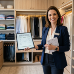 Mulher personal organizer profissional em um closet organizado, segurando um tablet. Representa o curso Personal Organizer 3.0 e a formação em organização.