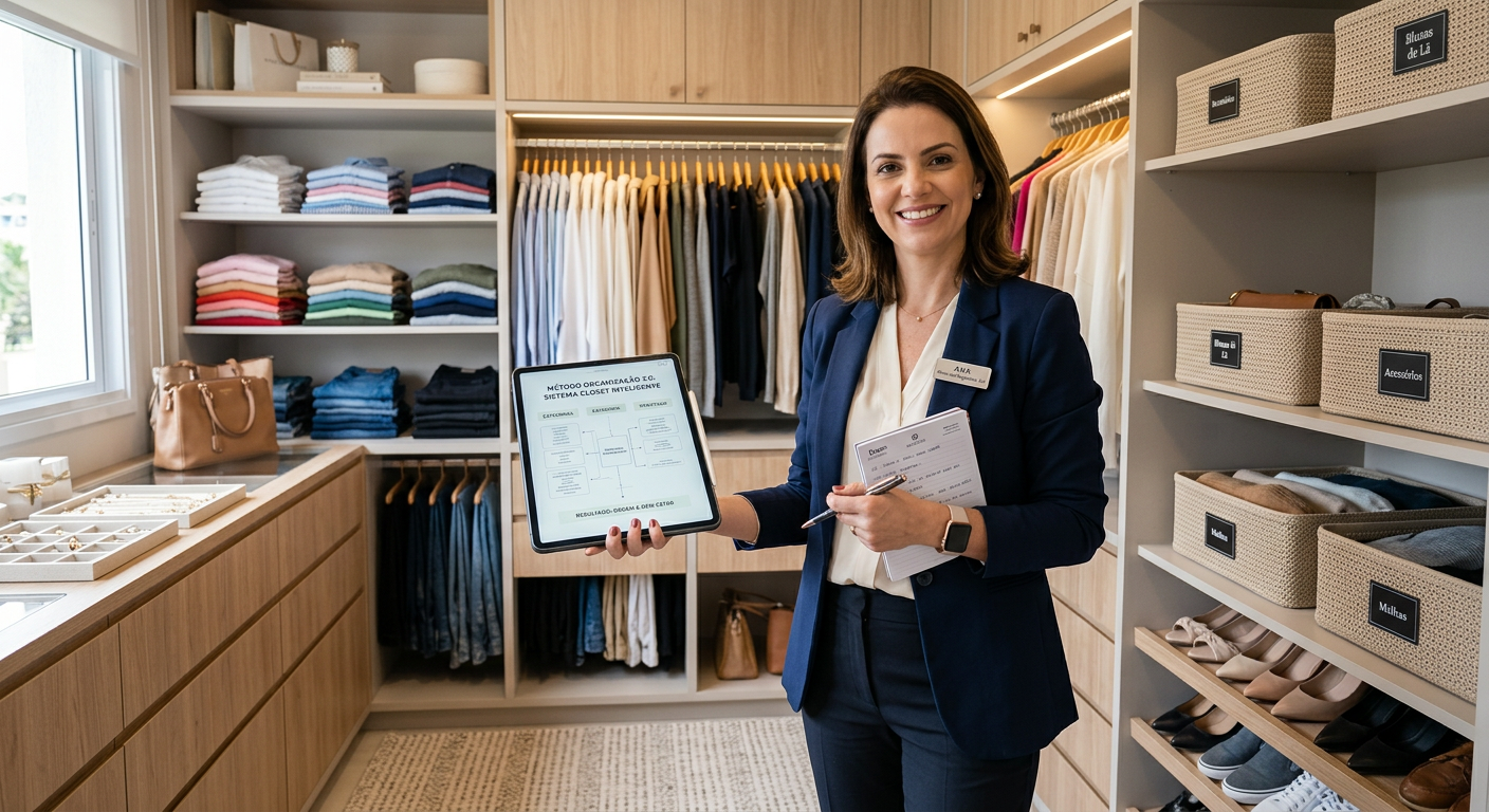 Mulher personal organizer profissional em um closet organizado, segurando um tablet. Representa o curso Personal Organizer 3.0 e a formação em organização.