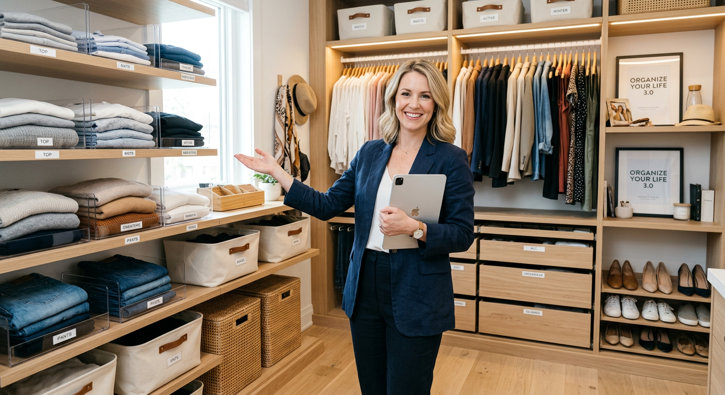 Personal organizer profissional demonstrando método de organização 3.0 em um armário moderno e impecavelmente arrumado.