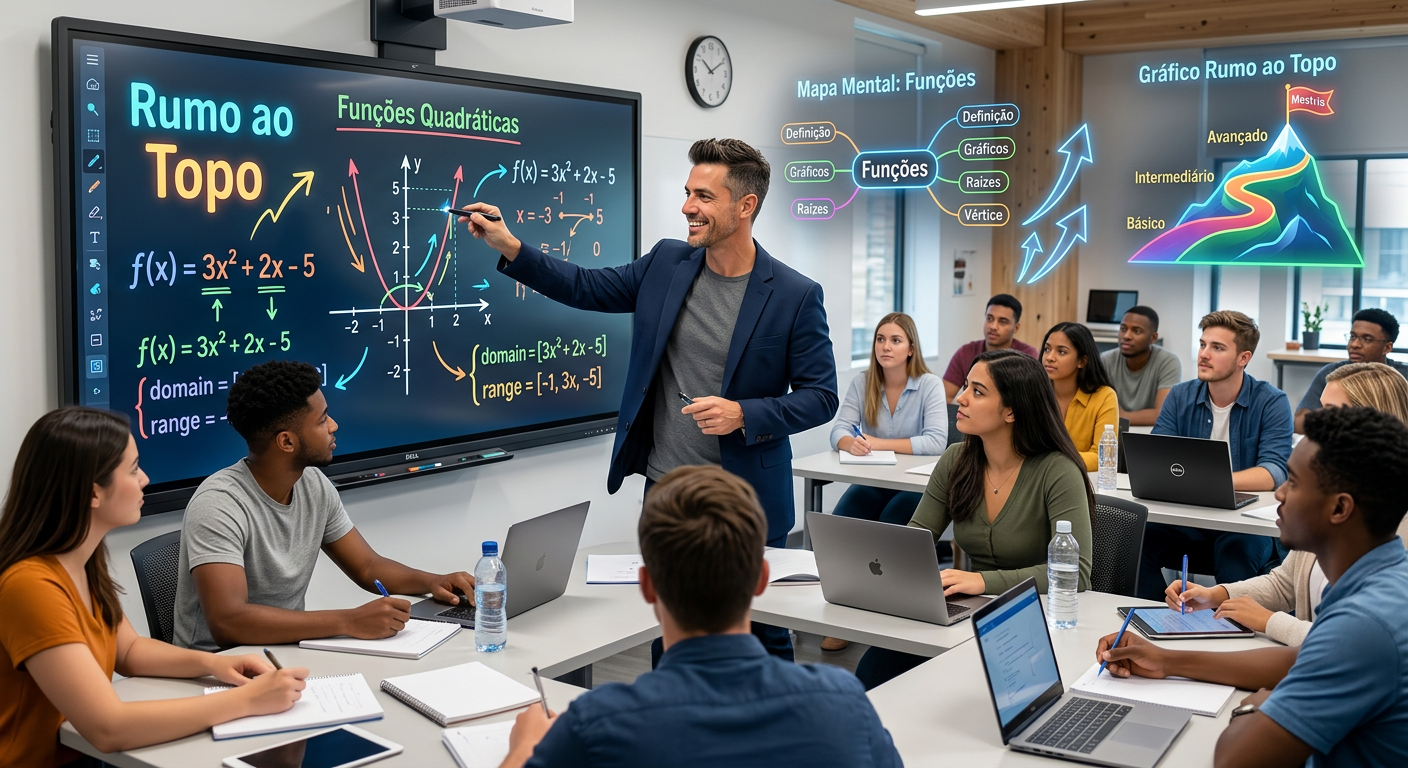 Professor explicando matemática com equações para estudantes, simbolizando o Método Curió para sucesso no ENEM, vestibulares e concursos.