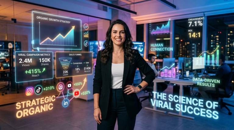 Imagem conceitual de uma especialista em marketing digital (Andréa Mazeto) com telas holográficas mostrando viralidade, crescimento orgânico e funis de venda para Instagram e TikTok.