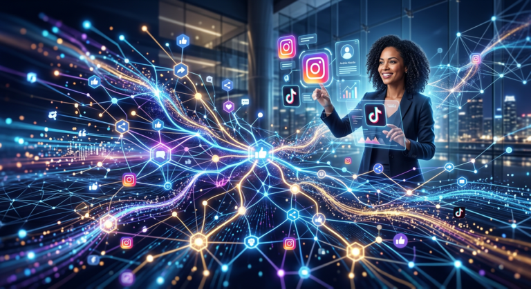 Imagem abstrata do Sistema Viral Andréa Mazeto, com uma rede digital em expansão e uma mulher inspiradora ao fundo, simbolizando marketing viral e autoridade digital.