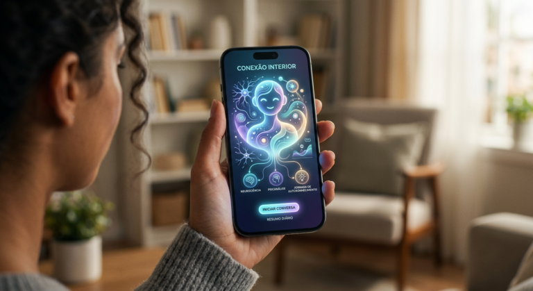 Smartphone com aplicativo AndreIA-AI Terapeuta de Bolso ativo, exibindo uma interface de inteligência artificial com elementos de psicanálise e neurociência em cores calmantes, sendo segurado por uma mão humana.