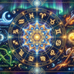 Um Mapa Astral dos Orixás detalhado, unindo simbologia astrológica com representações artísticas de divindades da Umbanda como Iemanjá, Ogum, Oxóssi, e Xangô, em um contexto cósmico de autoconhecimento espiritual.