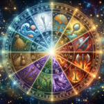 Ilustração de um Mapa Astral dos Orixás, com símbolos de Umbanda e astrologia em um círculo cósmico, emanando luz e representando autoconhecimento e prosperidade.