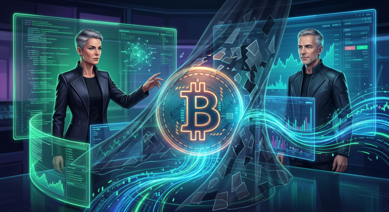 Ilustração digital futurista com o símbolo do Bitcoin em destaque, cercado por gráficos e dados financeiros, representando o Treinamento Bitcoin Black Pill com Renato Amoedo e Alan Schramm, focado em conhecimento profundo e segurança.