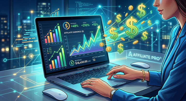 Ilustração digital de um laptop exibindo gráficos de crescimento financeiro e símbolos de dólar, com uma mão interagindo, representando o curso 'Formação Afiliado Avançado' da Taynã Gauche e a geração de renda online em dólar.