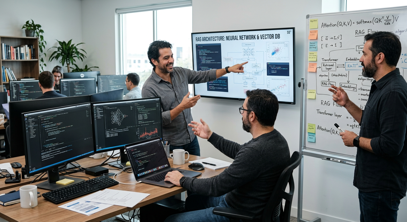 Engenheiros de IA Daniel Romero, Rafael Ponte e Alberto Souza colaborando em um projeto avançado de Inteligência Artificial, mostrando código e diagramas de arquitetura RAG e LLMs.