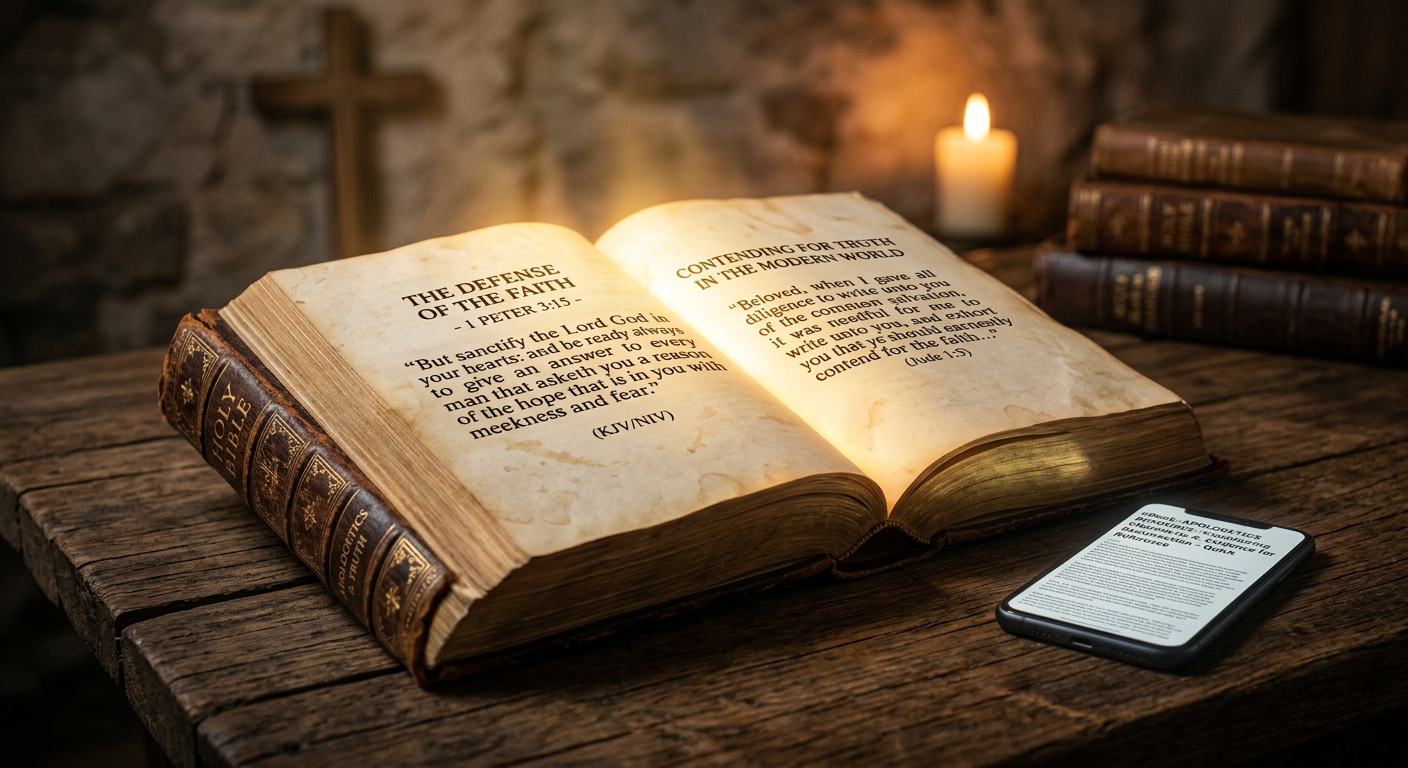 Bíblia aberta ao lado de um smartphone, simbolizando a consulta rápida de versículos bíblicos para defender a fé católica contra heresias modernas.