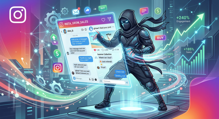 Ilustração digital de um ninja estilizado operando a interface do Instagram em um smartphone holográfico, com gráficos de crescimento e engrenagens de automação ao redor, simbolizando o InstaNinja e a otimização de vendas.
