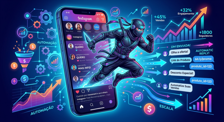 Ninja digital automatizando respostas e envio de links no Direct do Instagram a partir de comentários, simbolizando vendas rápidas e eficientes com InstaNinja.