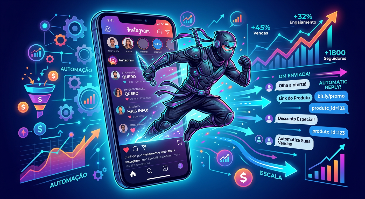 Ninja digital automatizando respostas e envio de links no Direct do Instagram a partir de comentários, simbolizando vendas rápidas e eficientes com InstaNinja.