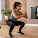 Pessoa treinando em casa ou na academia, seguindo exercícios em GIFs animados e vídeos didáticos exibidos em um smartphone, ilustrando o Guia Completo de Treinos.