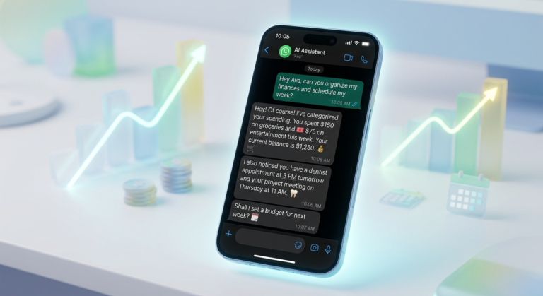 Smartphone com tela do WhatsApp exibindo um assistente de IA organizando finanças e agenda, com ícones de dinheiro e calendário ao fundo.