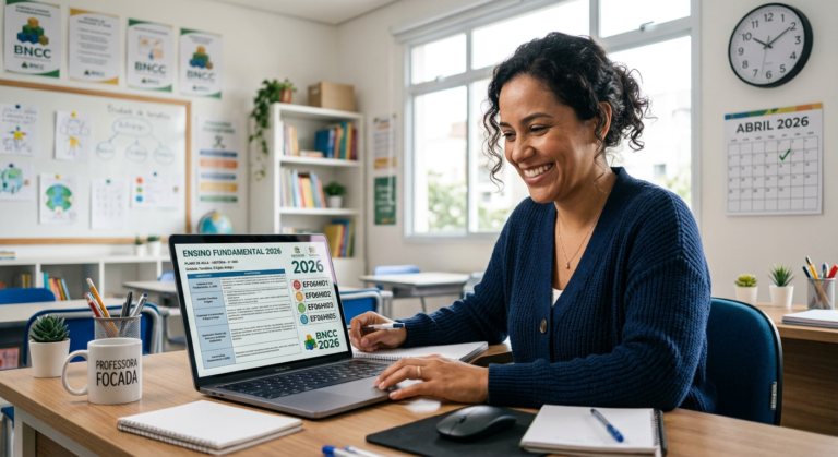 Professora sorridente e organizada usando notebook com planejamento BNCC 2026 digital, simbolizando economia de tempo e eficiência na elaboração de planos de aula.