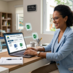 Professora sorridente e organizada usando um laptop com planos BNCC 2026, rodeada por ícones de documentos digitais que representam eficiência no planejamento pedagógico.