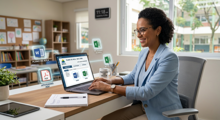 Professora sorridente e organizada usando um laptop com planos BNCC 2026, rodeada por ícones de documentos digitais que representam eficiência no planejamento pedagógico.