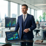 Homem profissional e confiante em ambiente moderno com gráficos financeiros e mapa mundial, simbolizando a produtividade e independência financeira.