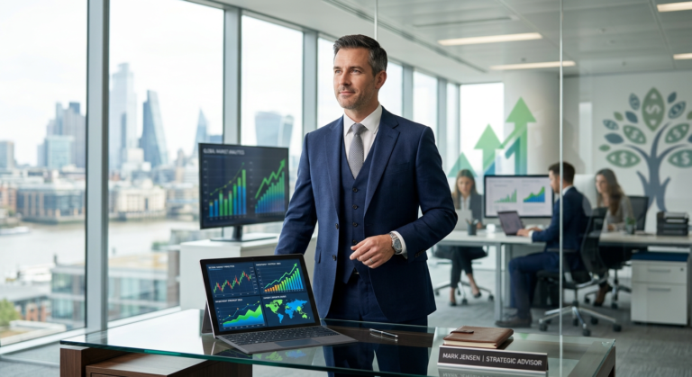 Homem profissional e confiante em ambiente moderno com gráficos financeiros e mapa mundial, simbolizando a produtividade e independência financeira.