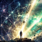 Ilustração conceitual de uma pessoa desvendando a 'matriz' da realidade, com símbolos de tecnologia, espiritualidade, ufologia e documentos governamentais desclassificados.