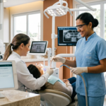 Mulher Auxiliar de Saúde Bucal (ASB) em uniforme branco sorrindo em consultório odontológico moderno, com equipamentos e instrumentais à mostra, representando profissionalismo e cuidado na área da odontologia.
