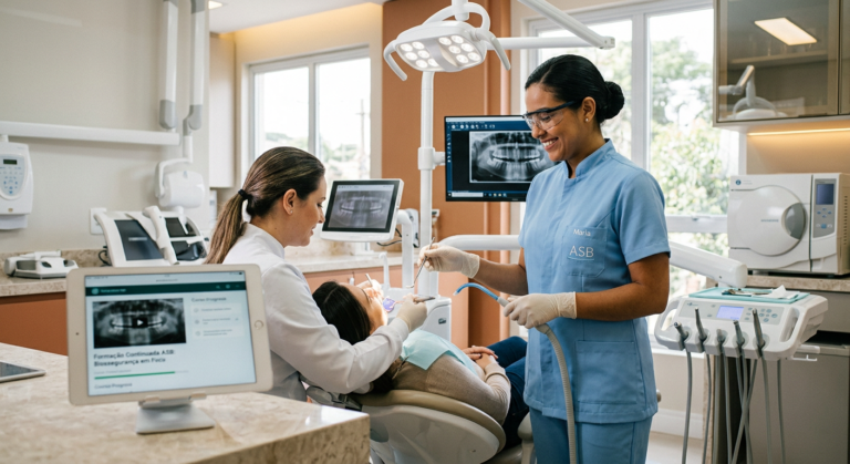 Mulher Auxiliar de Saúde Bucal (ASB) em uniforme branco sorrindo em consultório odontológico moderno, com equipamentos e instrumentais à mostra, representando profissionalismo e cuidado na área da odontologia.