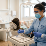 Auxiliar em Saúde Bucal (ASB) em consultório odontológico moderno, com laptop exibindo curso online ao fundo, simbolizando a formação profissional.