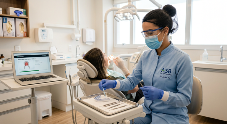 Auxiliar em Saúde Bucal (ASB) em consultório odontológico moderno, com laptop exibindo curso online ao fundo, simbolizando a formação profissional.