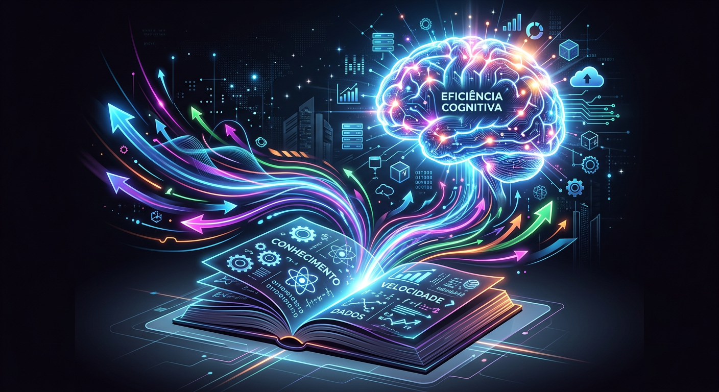 Ilustração conceitual de um livro aberto com raios de conhecimento e velocidade fluindo para um cérebro estilizado, simbolizando a leitura dinâmica e retenção de dados do Guia Metaleitura.