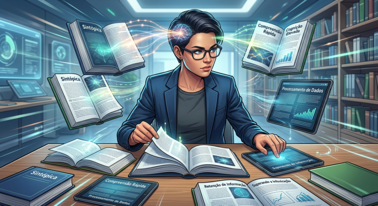 Imagem de uma pessoa focada lendo rapidamente de múltiplas fontes simultaneamente, com elementos visuais de velocidade, cognição e retenção de dados, representando a Metaleitura.