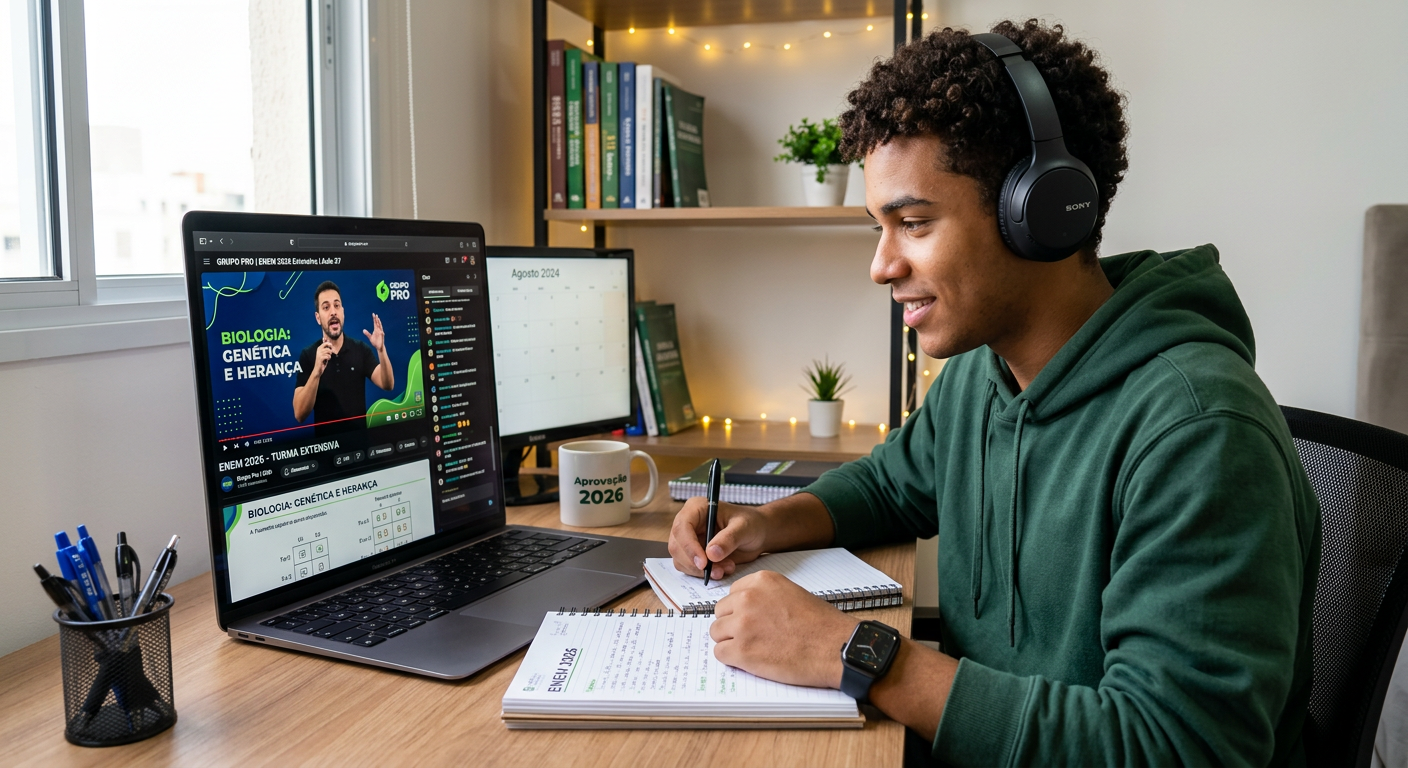 Estudante diverso focado em curso online Extensiva 2026 do Grupo Pro para o ENEM, com notebook e fones de ouvido.