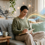 Pessoa em reflexão escrevendo em diário, com tablet exibindo 'Desafio 21 Dias', simbolizando reprogramação de apego e cura emocional.