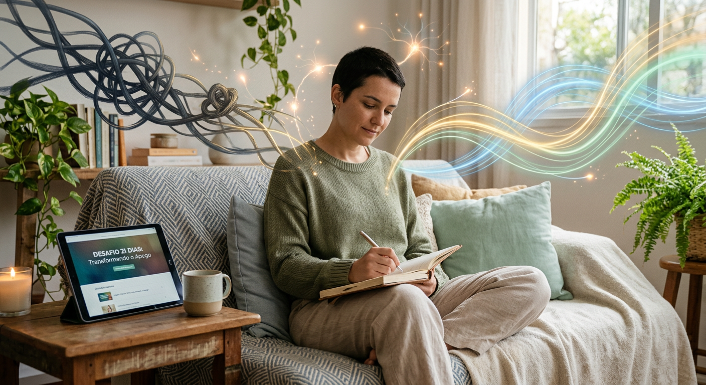 Pessoa em reflexão escrevendo em diário, com tablet exibindo 'Desafio 21 Dias', simbolizando reprogramação de apego e cura emocional.